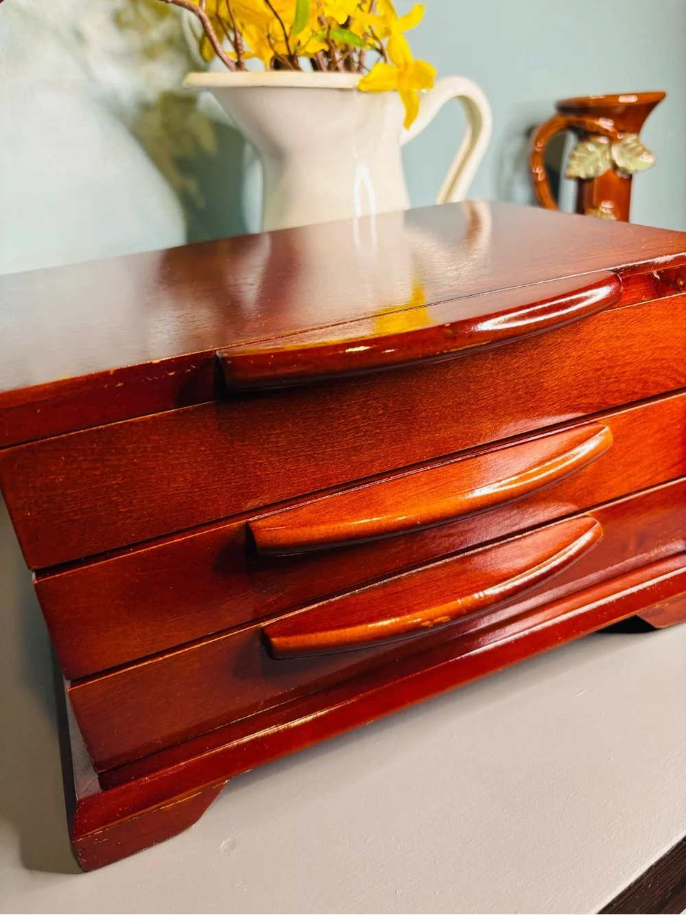 Wooden Jewelry Box with Two Drawers - Red Brown